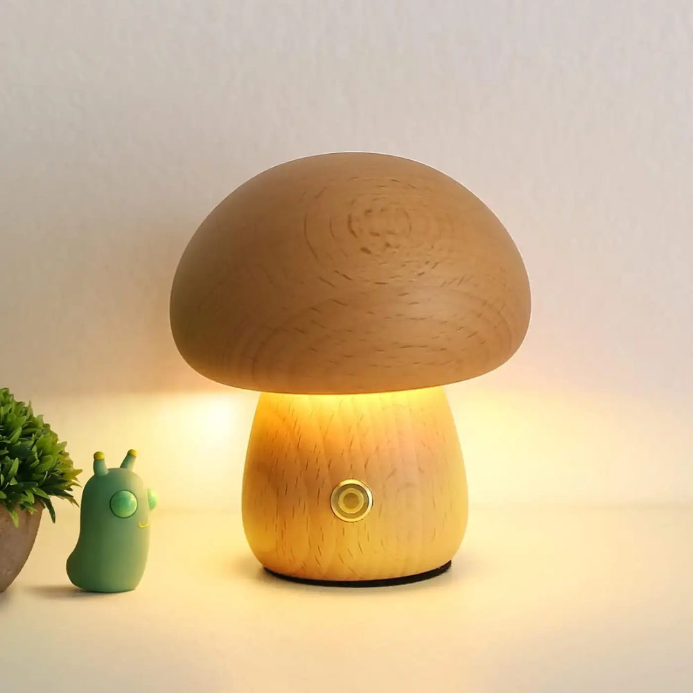Veilleuse oakis lampe champignon en bois chaleureux avec finition grain naturel et bouton doré sont elles incluses