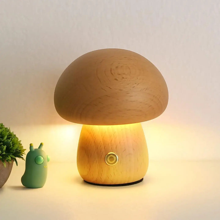 Veilleuse oakis lampe champignon en bois chaleureux avec finition grain naturel et bouton doré sont elles incluses