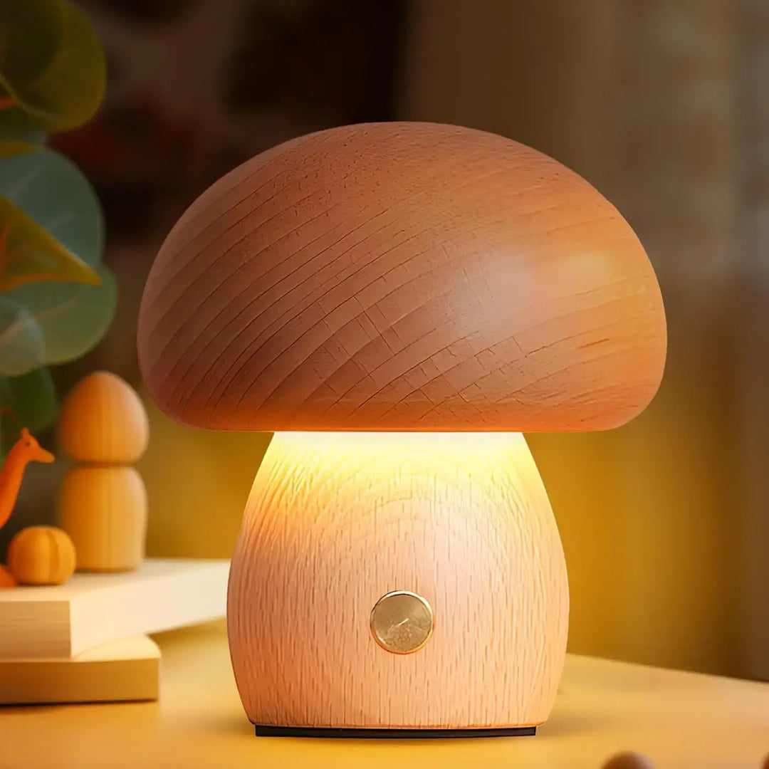 Veilleuse oakis lampe en bois champignon chaleureux avec finition en bois naturel et bouton métallique circulaire plus lumineux