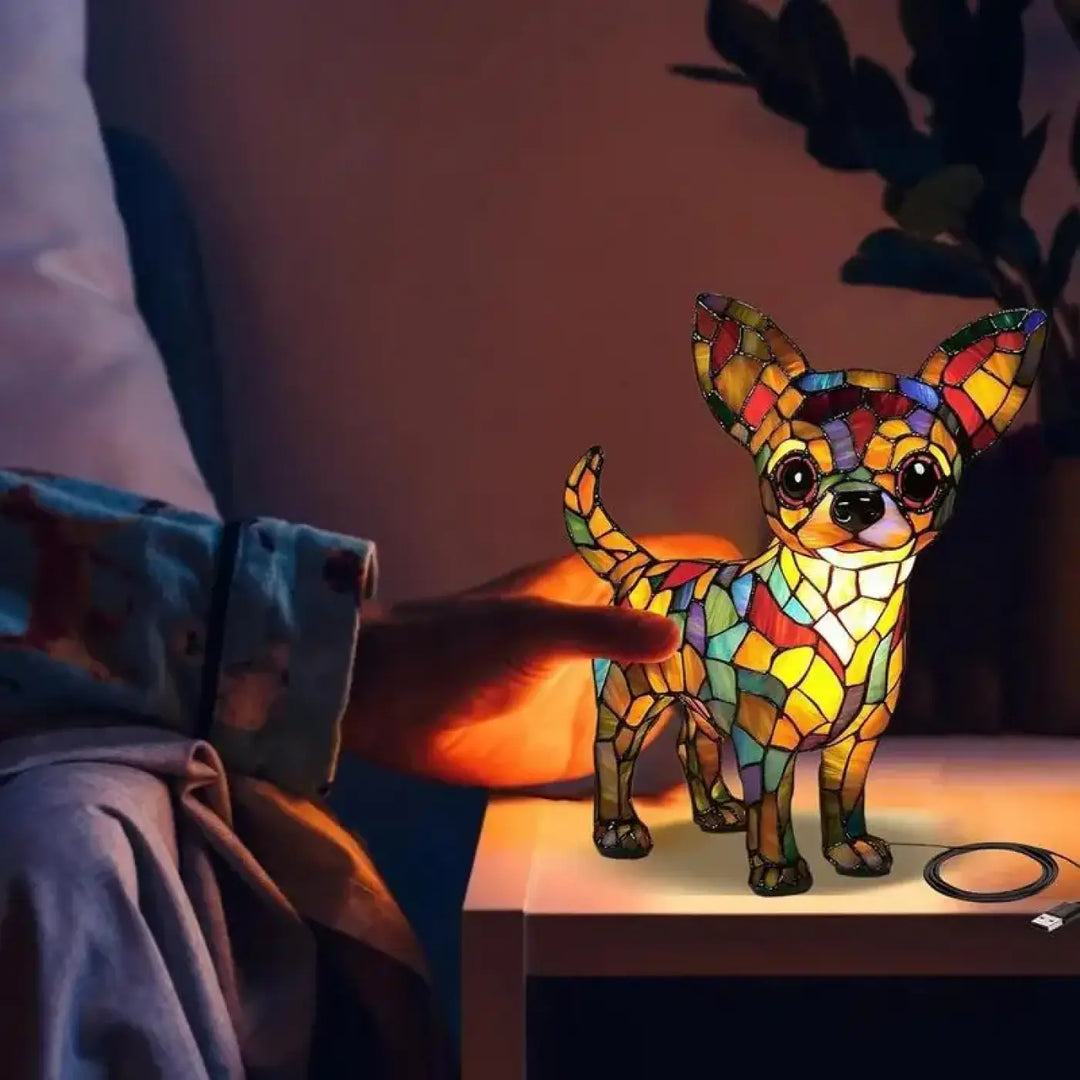 Veilleuse chiwow lampe chien en verre coloré avec design chien mosaïque en jaunes rouges bleus et verts
