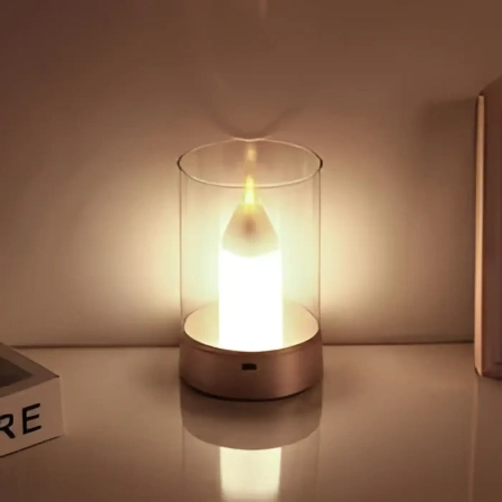 Veilleuse candela avec effet flamme apaisant led blanc chaud et base métal brossé design cylindrique en verre