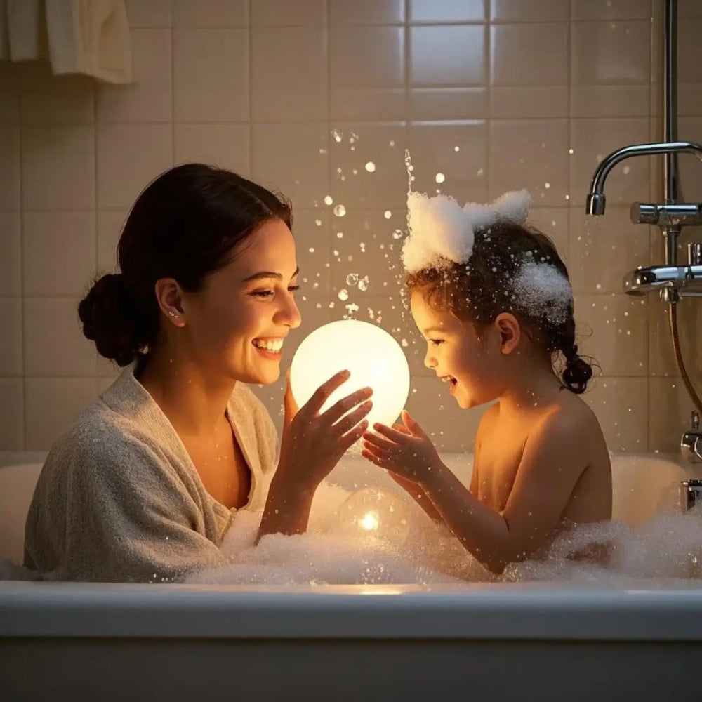 Veilleuse design inspirée elya avec présence lumineuse douce blanche tenue par deux personnes dans un bain moussant