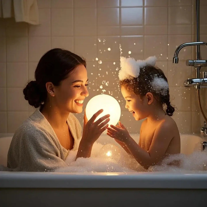 Veilleuse design inspirée elya avec présence lumineuse douce blanche tenue par deux personnes dans un bain moussant