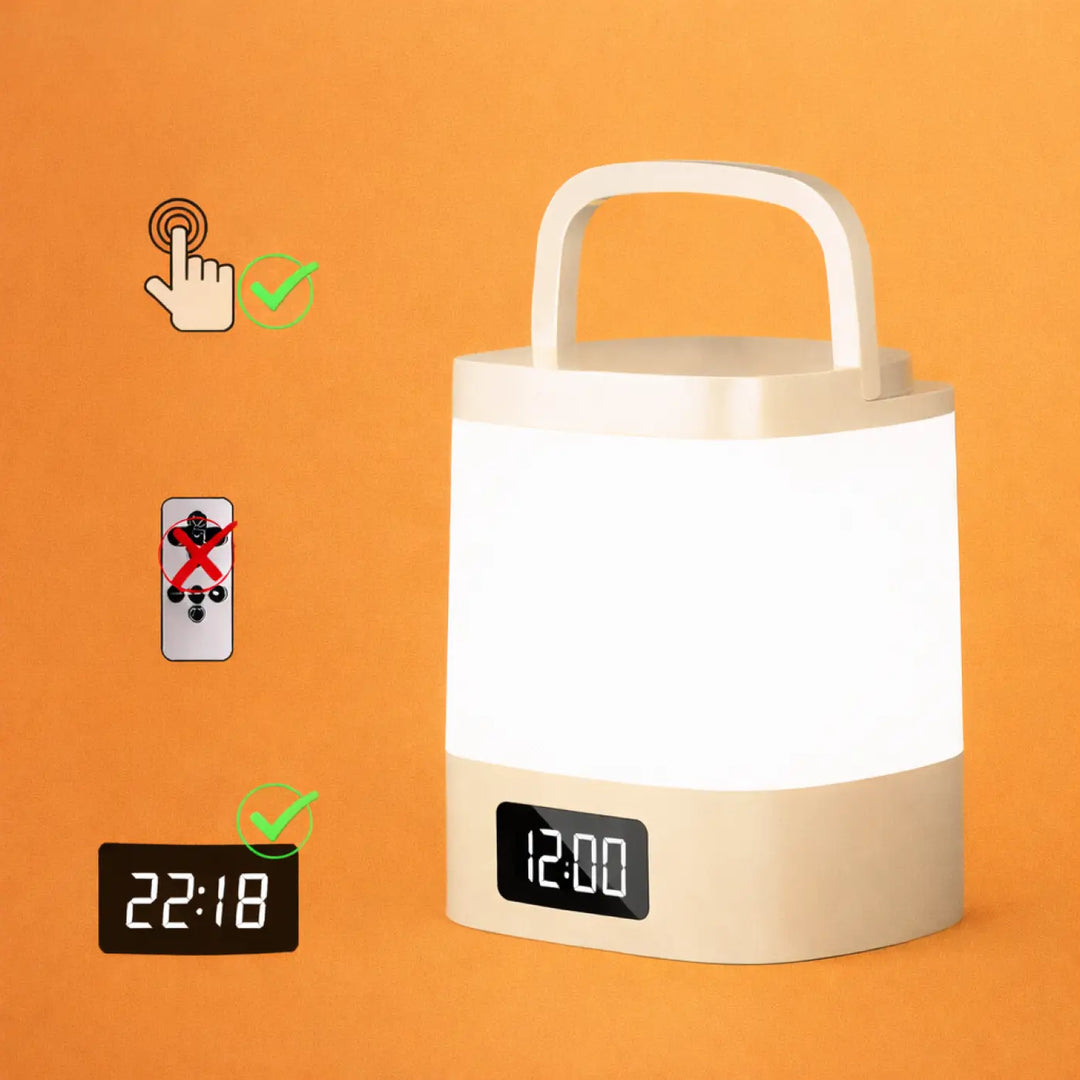 Veilleuse design moderne mallow beige portable avec poignée et écran digital affichant 12h00