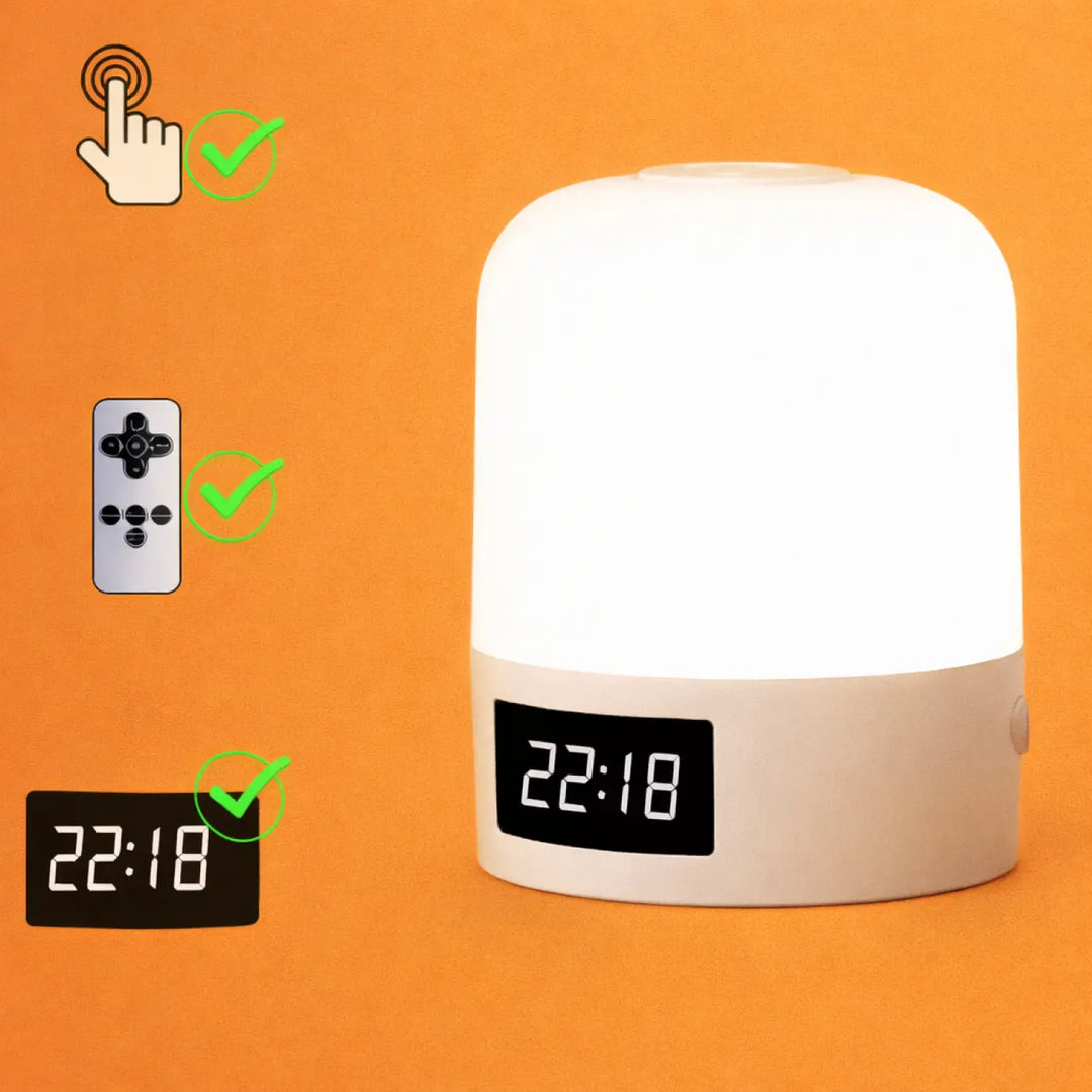 Veilleuse mallow led blanche cylindrique avec affichage digital 22 18 design moderne touch control et télécommande