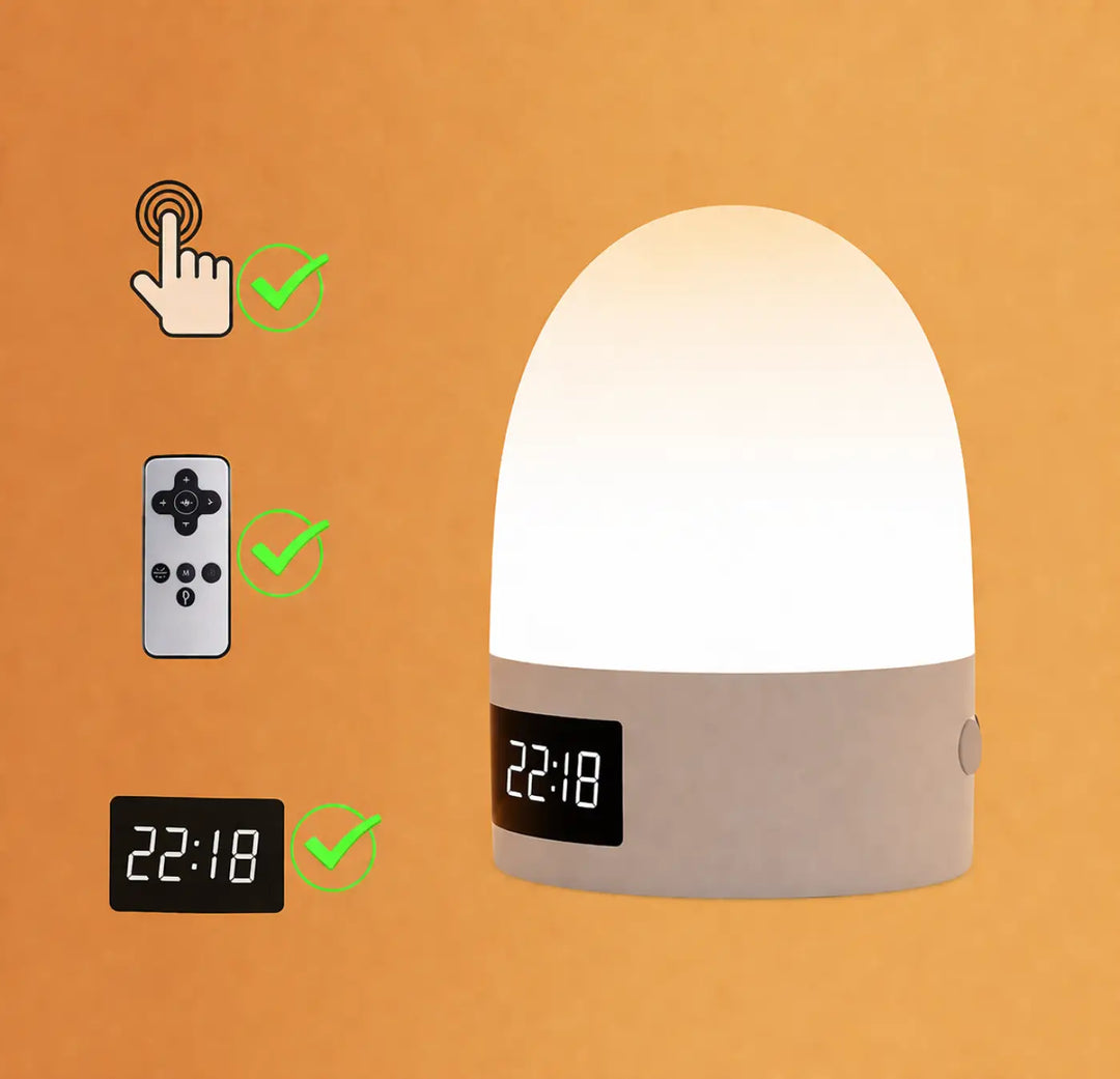 Veilleuse design moderne mallow avec lumière led blanche douce, base grise et horloge digitale affichant 22h18