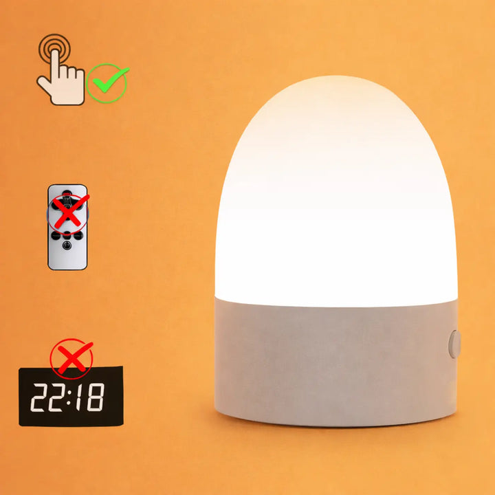 Veilleuse mallow design moderne en led blanc mat avec base grise tactile et forme ovoïde douce