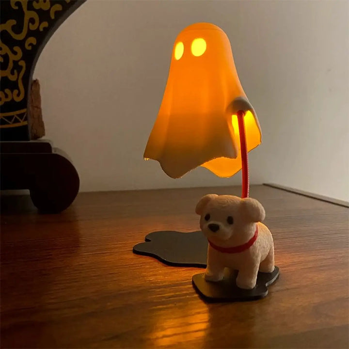 Veilleuse boofi lampe fantôme orange brillante avec socle en peluche beige en forme de chiot et cordon rouge