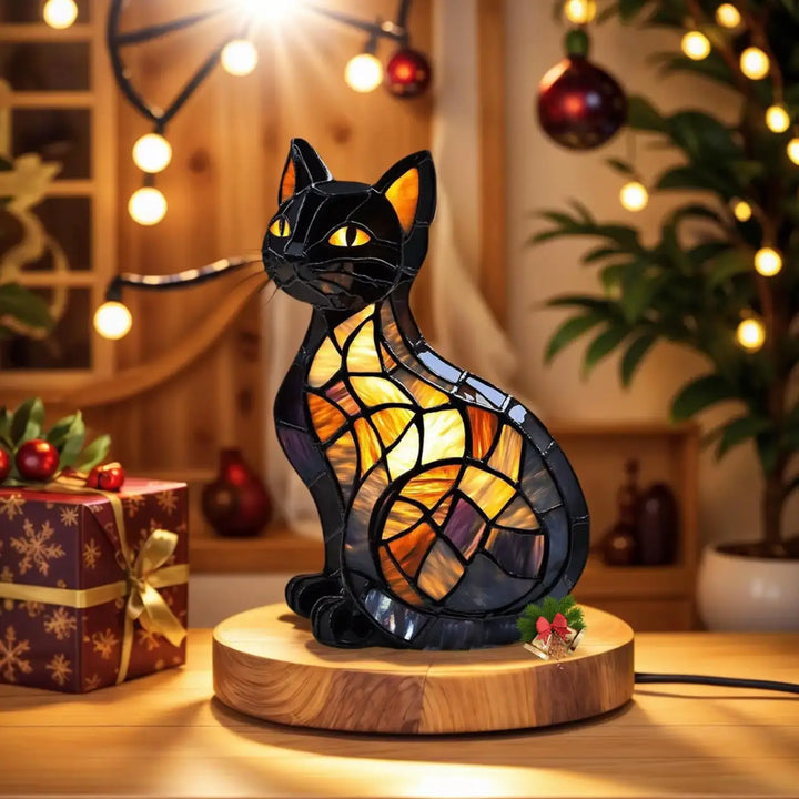 Veilleuse féline bastet en verre coloré avec mosaïque ambre et or en forme de chat noire pour décoration intérieure