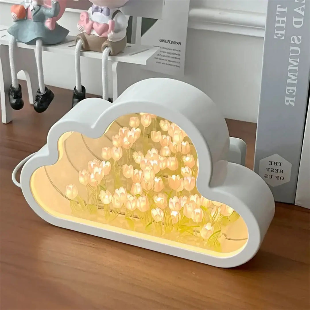 Veilleuse tulipa nuage led blanc doux avec intérieur lumineux rempli de mini tulipes pour décoration intérieure design moderne