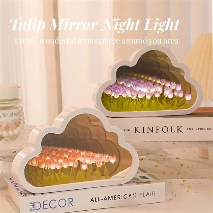 Veilleuse tulipa design moderne en forme de nuage led avec tulipes lumineuses violettes et roses pour décoration intérieure
