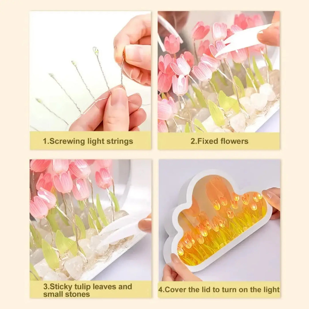 Veilleuse tulipa design moderne nuage led en gel translucide avec fleurs de tulipe roses et jaunes pour décoration intérieure