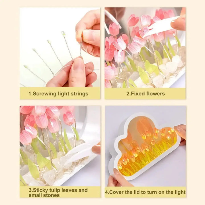 Veilleuse tulipa design moderne nuage led en gel translucide avec fleurs de tulipe roses et jaunes pour décoration intérieure