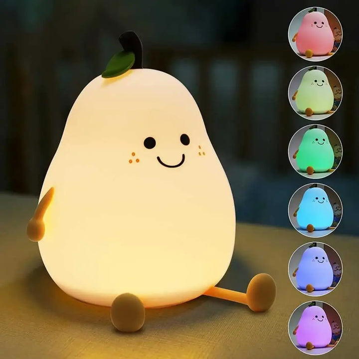Veilleuse fruit poire en forme de poire avec visage souriant et lumière douce jaune pour chambre d’enfant