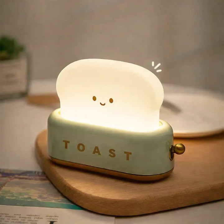 Veilleuse kawaii toast en forme de grille-pain mint vert doux avec lumière douce et visage souriant pour chambre enfant