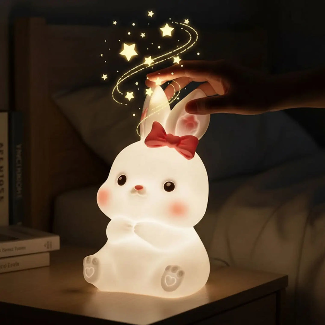 Veilleuse lapin girly ostara blanche lumineuse avec nœud rouge et motifs d étoiles pour chambre enfant