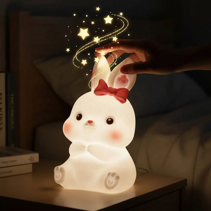 Veilleuse lapin girly ostara blanche lumineuse avec nœud rouge et motifs d étoiles pour chambre enfant