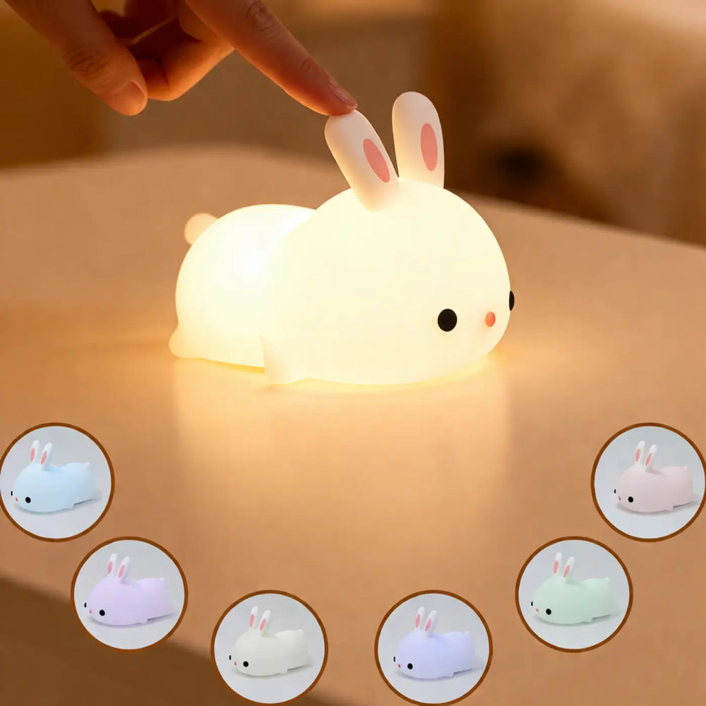 Veilleuse lapin blanche douce et lumineuse avec oreilles roses pour chambre d’enfant aux enfants