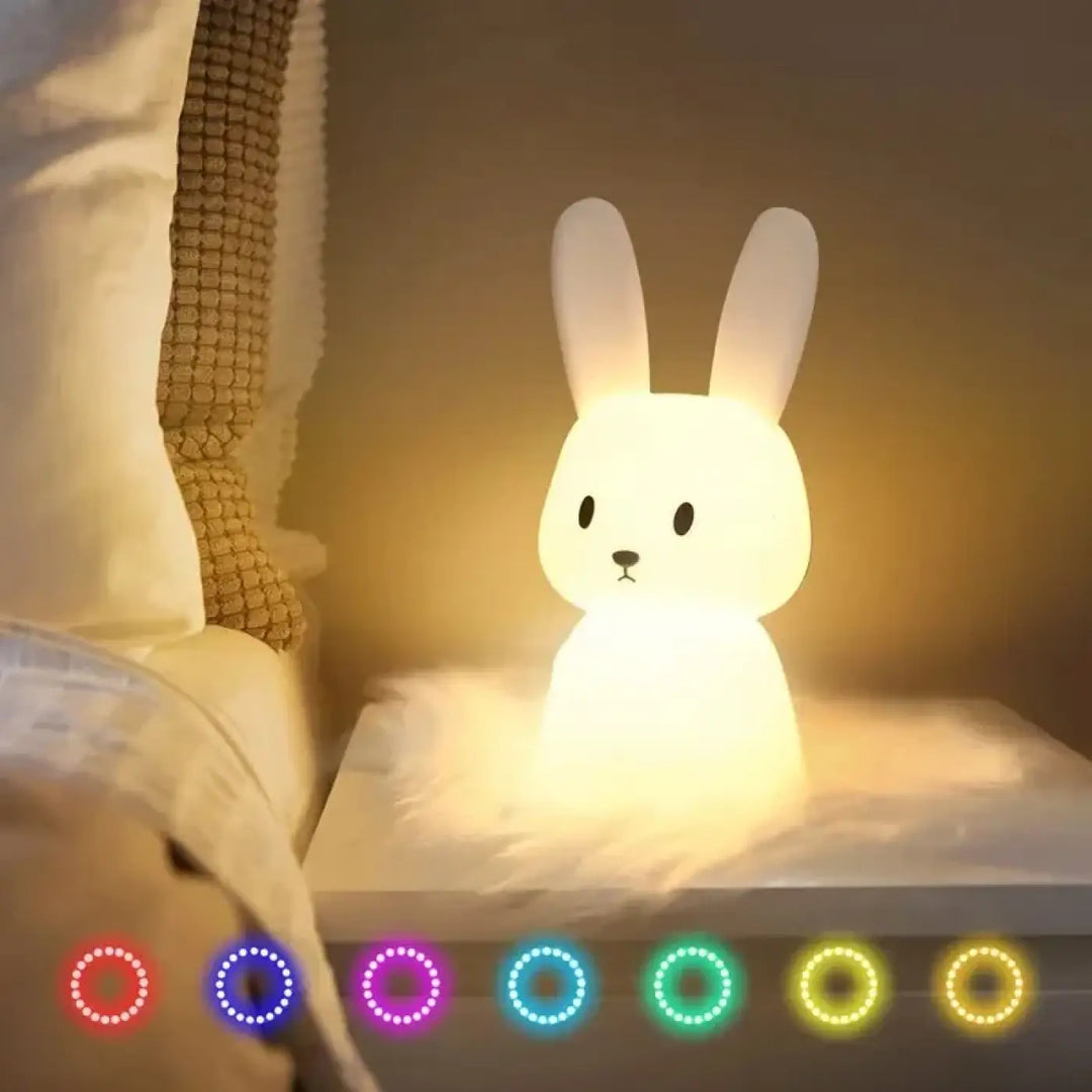 Veilleuse lapinou lumineuse lapin en silicone blanc doux avec yeux noirs pour une lumière d ambiance apaisante