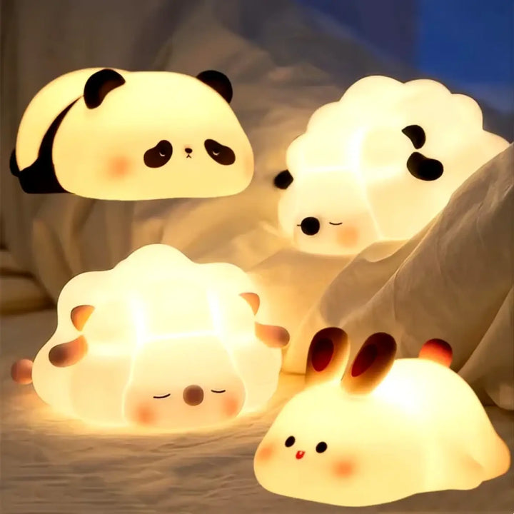 Veilleuse led animaux palimou en forme de pandas et lapins doux avec oreilles noires et joues roses éclatantes