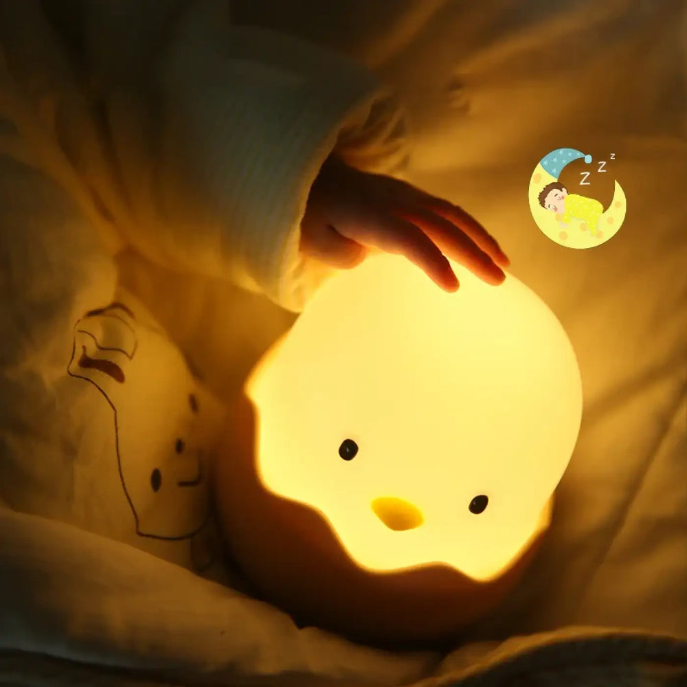 Veilleuse led douce en silicone jaune en forme de poussin cute coque dœuf ptibou