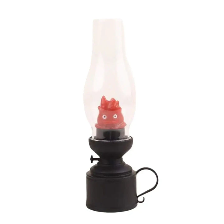 Veilleuse hallo lampe à huile en métal noir avec cheminée en verre et figurine rouge pour décoration intérieure effet flamme veilleuse led effet