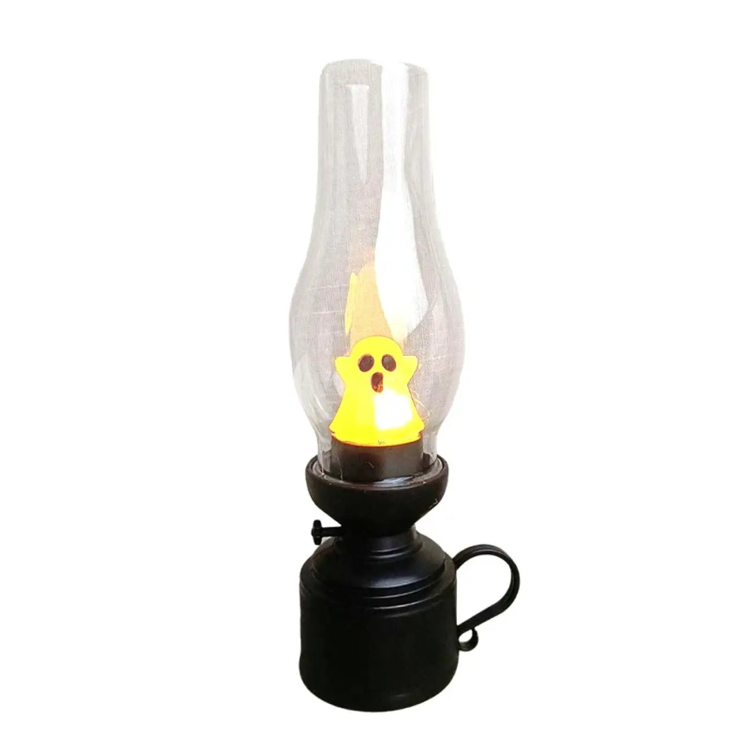 Veilleuse hallo en métal noir avec cheminée en verre clair et led effet flamme jaune fantôme pour décoration intérieure