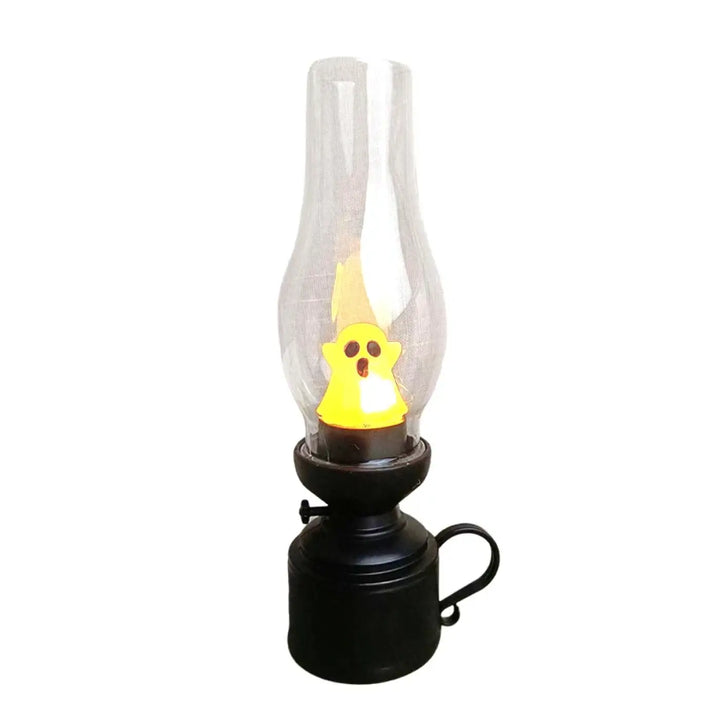 Veilleuse hallo en métal noir avec cheminée en verre clair et led effet flamme jaune fantôme pour décoration intérieure