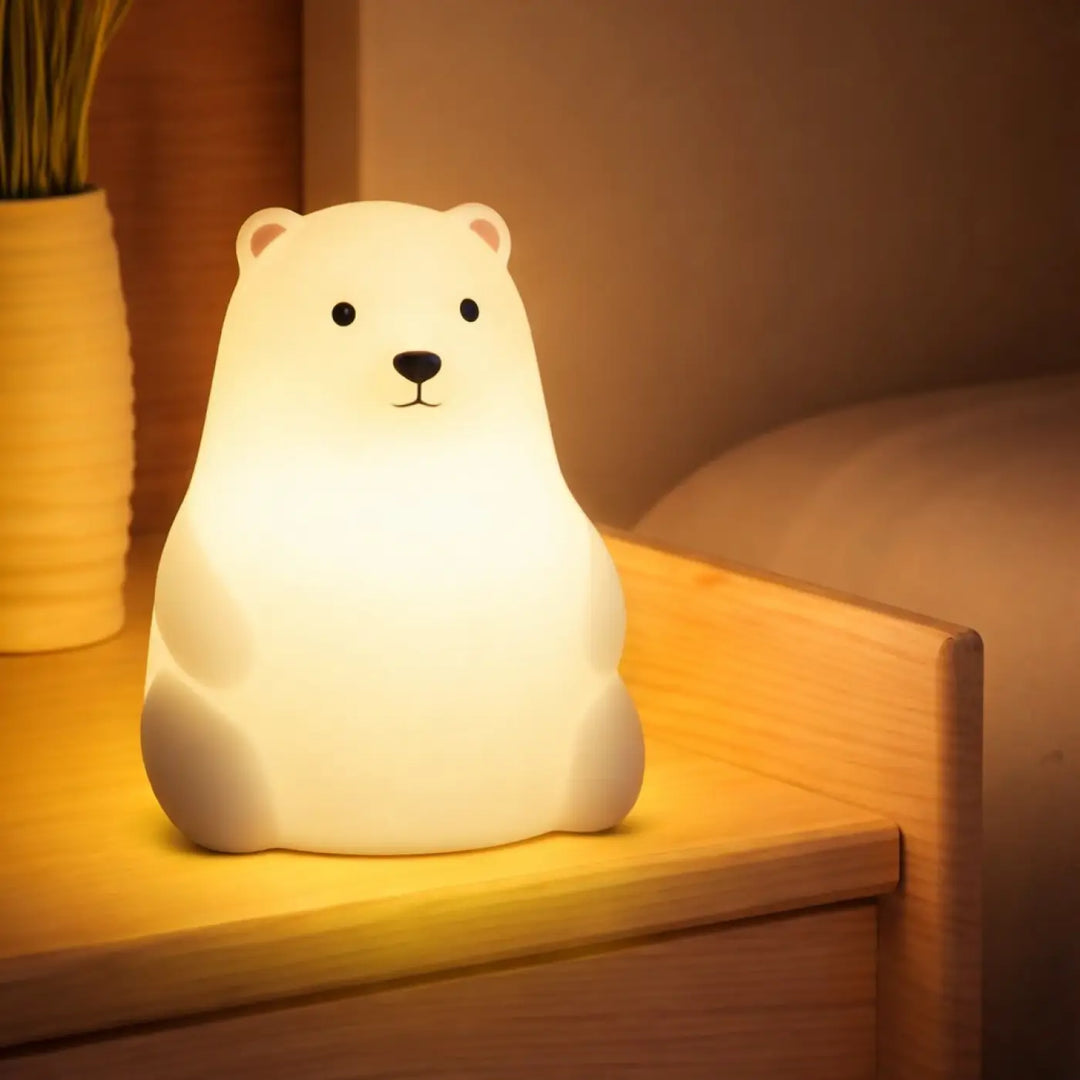 Veilleuse magique animalix en forme dours polaire blanc en silicone lisse avec touche lumineuse douce et yeux noirs