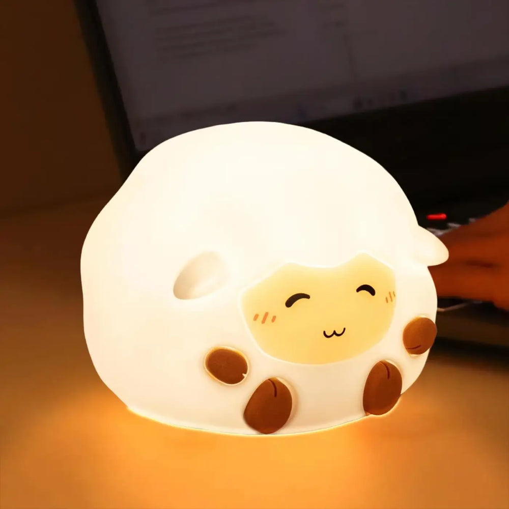 Veilleuse magique en forme de mouton blanc et marron en peluche avec touche lumineuse douce et lumineuse joue