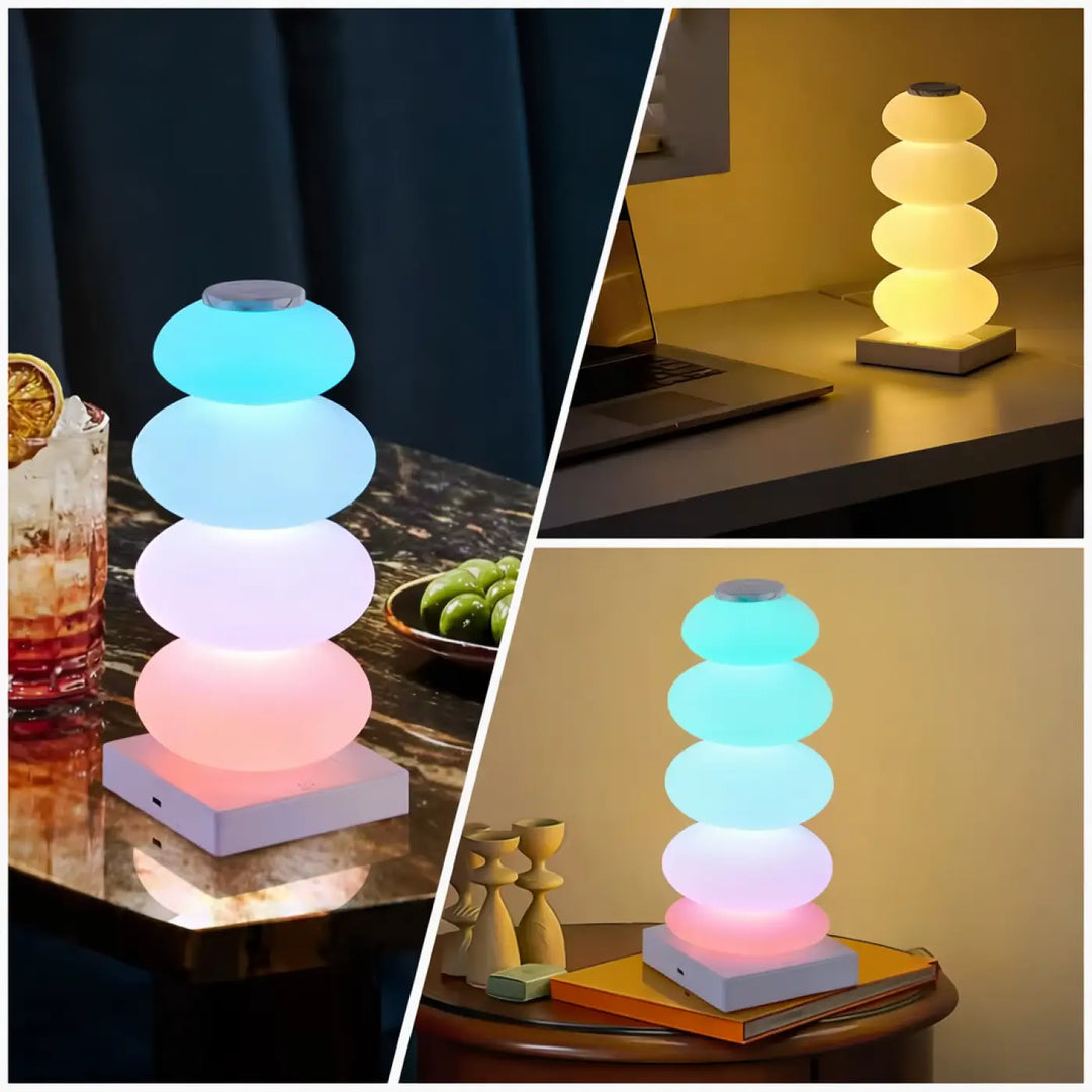 Veilleuse desk y lampe led empilable moderne avec quatre segments translucides pastel sur base blanche zen décorative pierre zen
