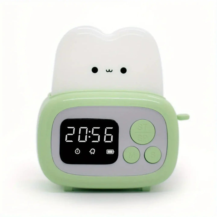 Veilleuse réveil kawaii en vert pastel et blanc en forme de lapin avec écran led doux affichant 20:56 amilo
