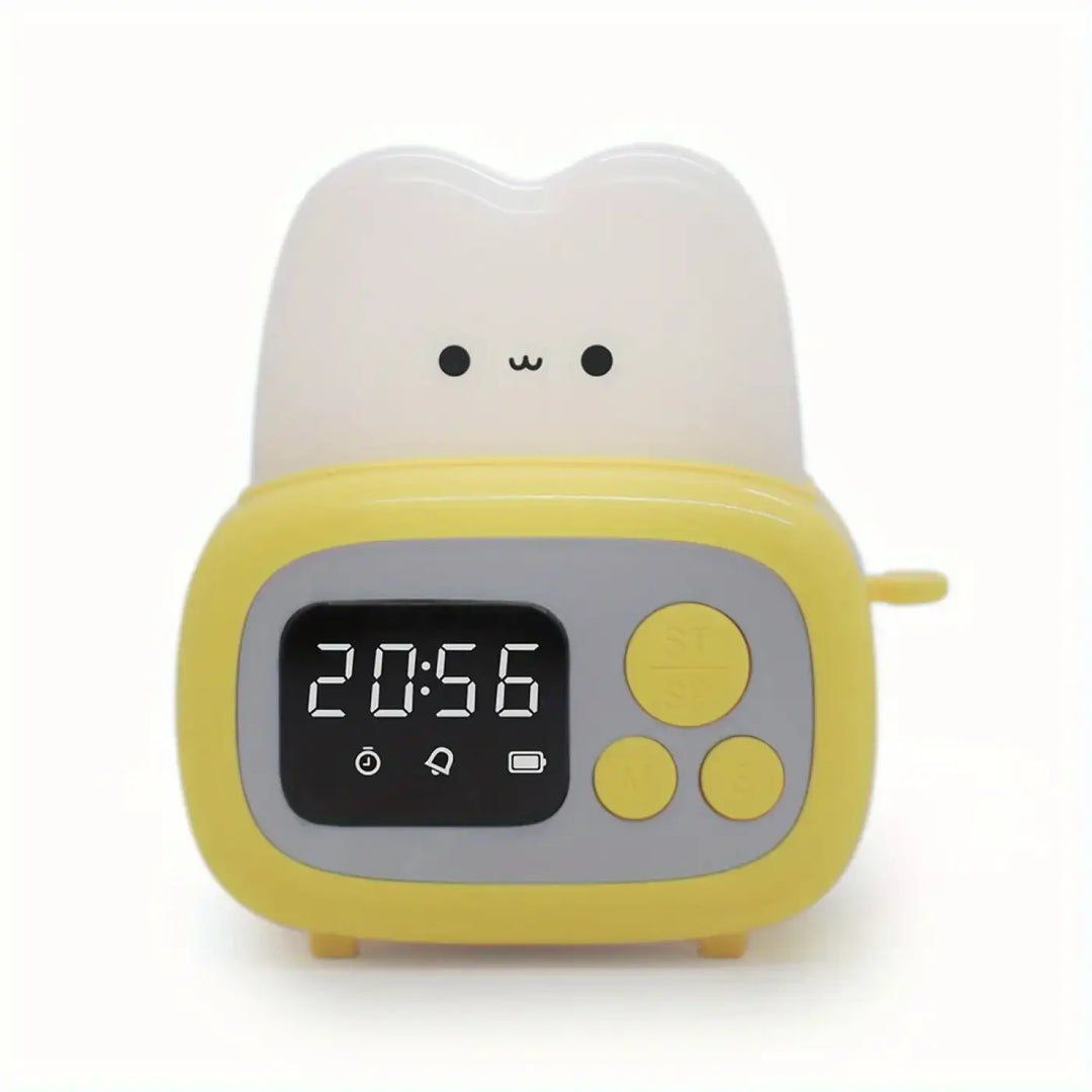 Veilleuse réveil kawaii en forme de lapin jaune et blanc avec affichage led doux à 20h56 design doux amilo