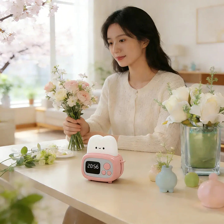 Veilleuse réveil kawaii en forme de nuage rose et blanc avec un design doux et un visage mignon amilo